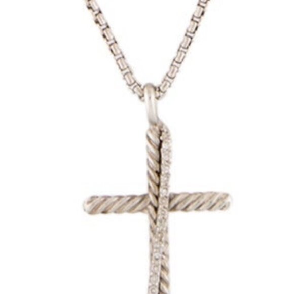 DAVID YURMAN DIAMOND STERLING SILVER CROSSOVER CROSS PENDANT NECKLACE - Picture 5 of 7